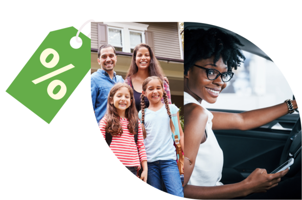 Family in front of their home with a bundled auto and home savings tag